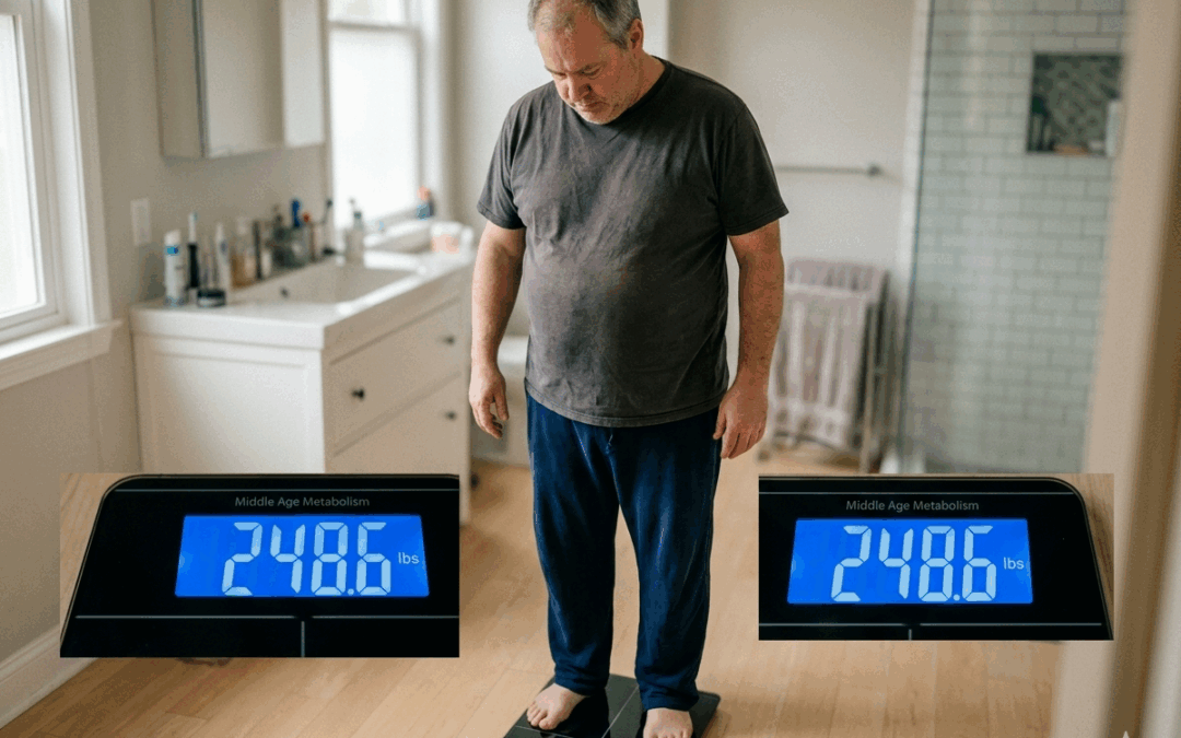 A middle-aged man weighing himself on a scale